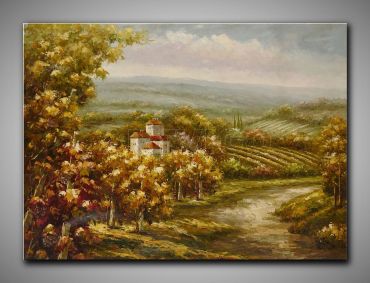 Warmes Bild. Landschaft mit Weinbergen kleinen Häusern, dekoratives Gemälde, 120x90 cm