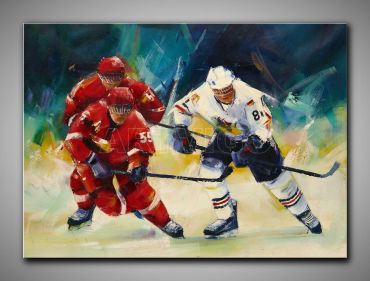 Sportliches Bild in kühlen Farben, Eishockeyspieler grob gemalt