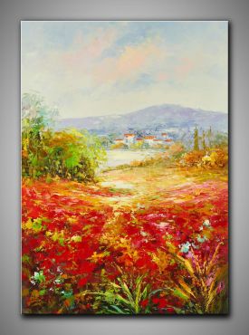 Warmes Bild. Landschaft mit Klatschmohn kleinen Häusern, dekoratives Gemälde, 60x90 cm